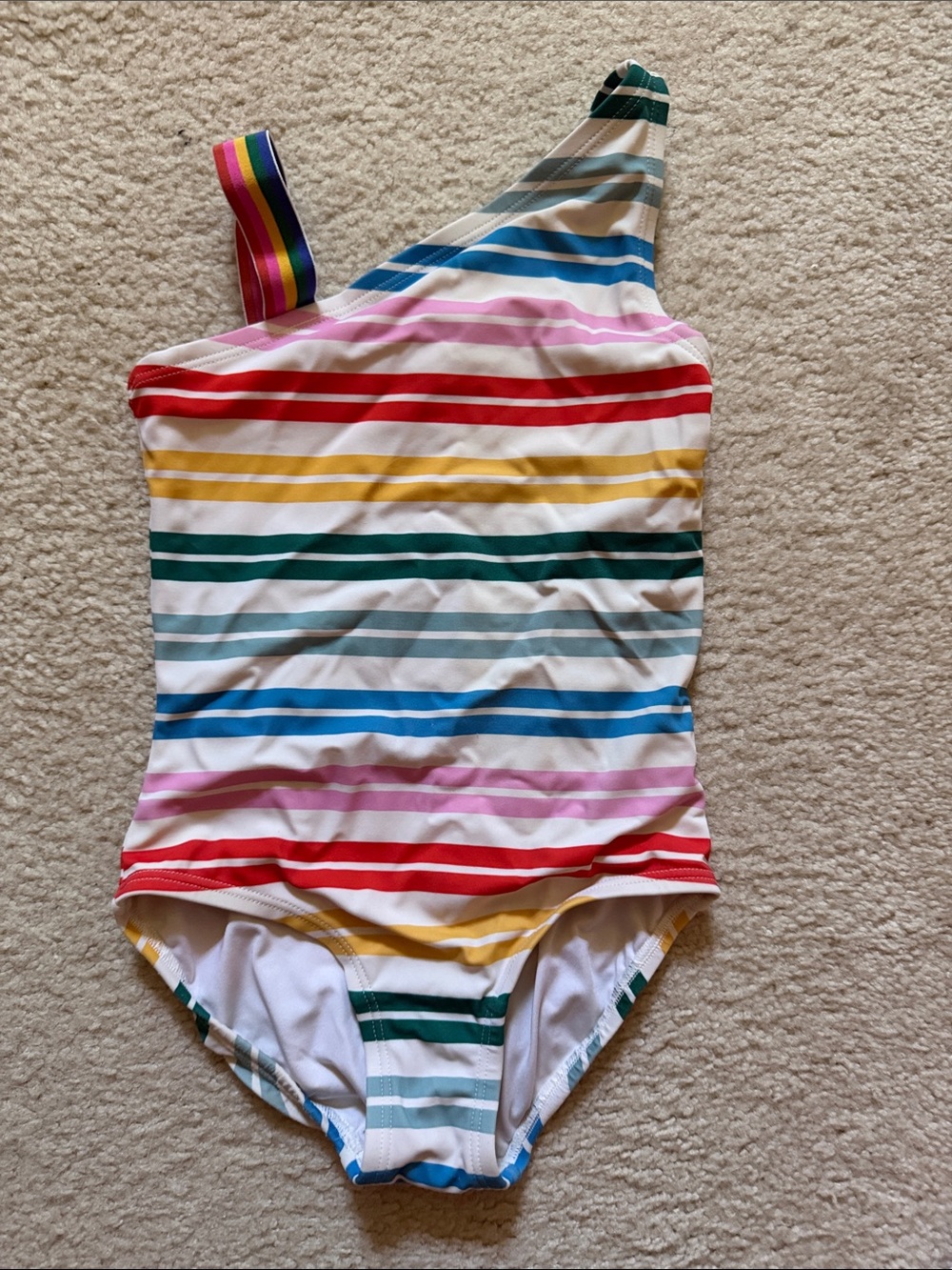 Hanna Anderson Kids One-Shoulder Rainbow Stripe Swimsuit